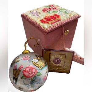 Dillard’s Trimmings Inside Painted Glass Ornament w/ Needlepoint Pink Velvet Box